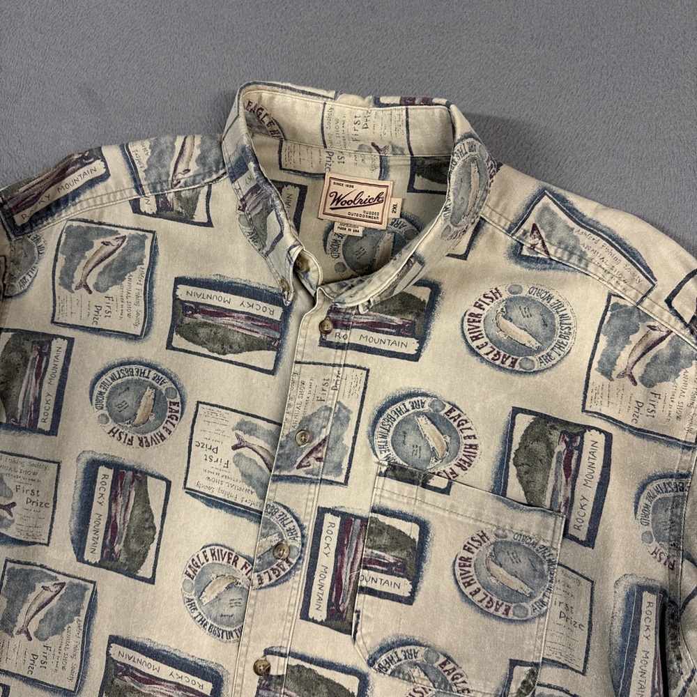 Woolrich Shirt Mens 2XL Brown All Over Print Fish Vintage USA Rugged Outdoors